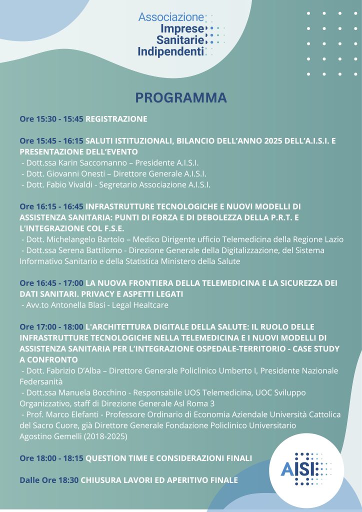 SANITÀ DIGITALE, AISI: “IL FUTURO DELL’ASSISTENZA SI GIOCA SULLA CAPACITÀ DI COLLEGARE OSPEDALI, TERRITORIO E DATI CLINICI” 1 programma